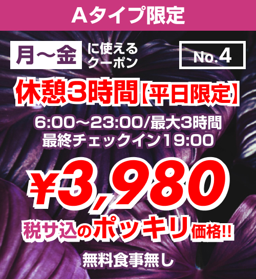 【No.4】月〜金 休憩 ¥4,980均一