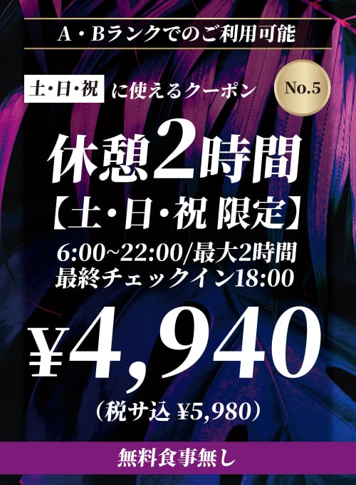 【No.5】A・Bタイプ 土・日・祝 休憩2時間 ¥5,980