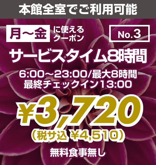 【No.3】本館 月〜金 サービスタイム8時間 ¥3,720均一