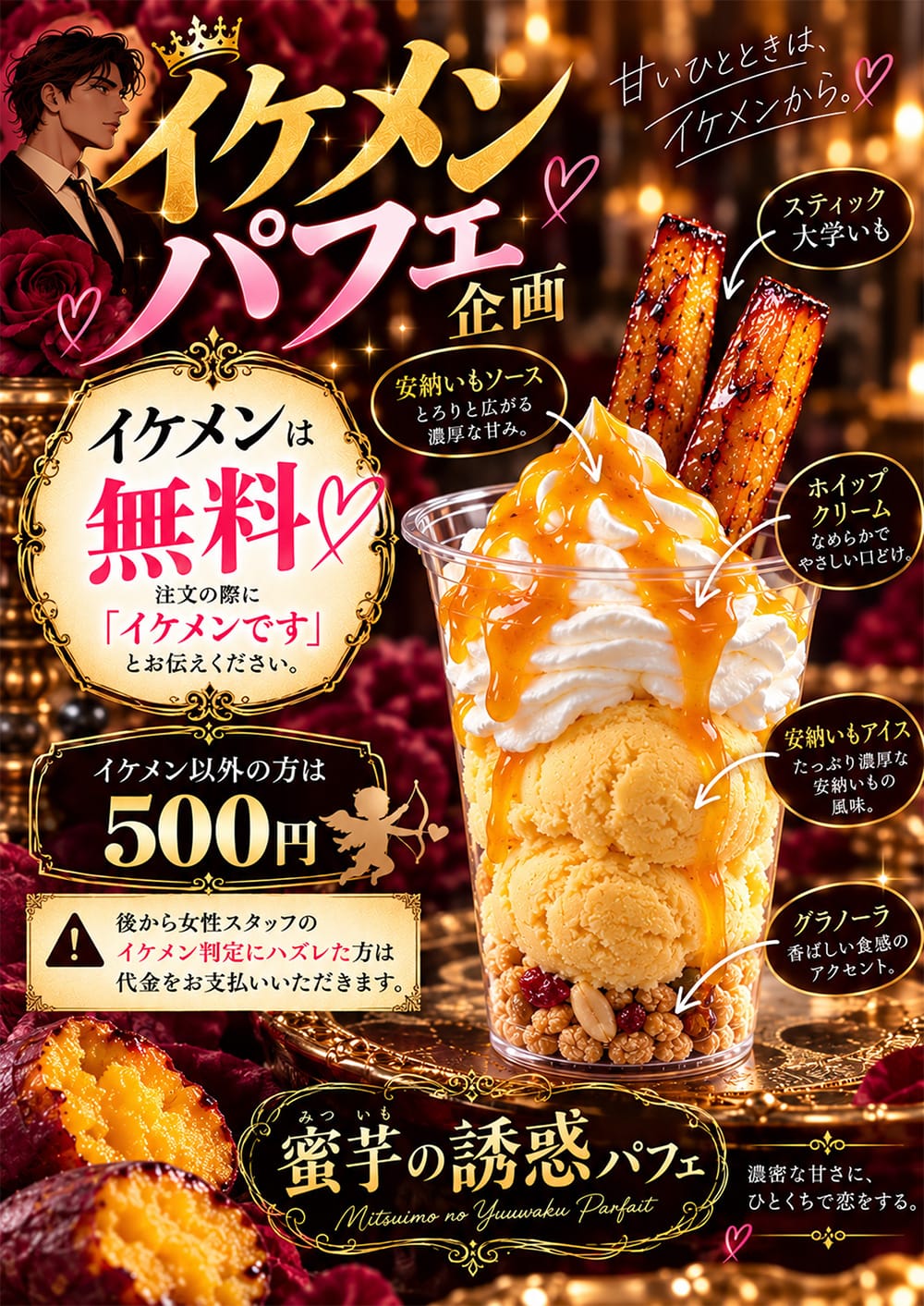 イケメンパフェ企画スタート！イケメンなら蜜芋の誘惑パフェが無料